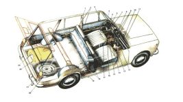 Компоновочная схема ВАЗ-2102 1. Бачок для жидкости гидропривода Сцепления; 2. Пружина и амортизатор передней подвески; 3. Рычаги передней подвески; 4. Расширительный бачок системы охлаждения двигателя, 5. Боковой указатель поворота; 6. Подфарник; 7. Фара; 8. Бачок смывателя ветрового стекла; 9. Масляный фильтр; 10. Топливный насос; 11. Указатель уровня масла в двигателе; 12. Распределитель зажигания; 13. Бачок для жидкости гидропривода сцепления; 14. Радиатор; 15. Двигатель; 16. Воздушный фильтр; 17. Аккумуляторная батарея; 18. Реле контрольной лампы заряда аккумуляторной батареи; 19. Картер сцепления; 20. Приемная труба глушителей; 21. Пружина задней подвески; 22. Задний амортизатор; 23. Топливный бак; 24. Задний фонарь; 25. Отражатель света катафот; 26. Основной глушитель; 27. Инструментальная сумка; 28. Фонарь освещения номерного знака; 29. Фонарь заднего хода; 30. Домкрат; 31. Запасное колесо; 32. Инструментальная коробка; 33. Задний тормоз; 34. Продольные реактивные штанги задней подвески; 35. Задний мост; 36. Заднее сиденье; 37. Задний вал карданной передачи; 38. Дополнительный глушитель; 39. Промежуточная опора карданной передачи; 40. Передний вал карданной передачи; 41. Рулевое колесо; 42. Переднее сиденье; 43. Рычаг стояночного тормоза; 44. Рычаг переключения передач 45. Коробка передач; 46. Педаль гидропривода сцепления; 47. Педаль гидропривода колесных тормозов; 48. Педаль привода дроссельных заслонок; 49. Передний тормоз.