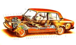 Компоновочная схема ВАЗ-2105 1. Фара, сблокированная с указателем поворота. 2. Радиатор системы охлаждения. 3. Аккумуляторная батарея. 4. Распределитель зажигания. 5. Воздушный фильтр. 6. Двигатель. 7. Вакуумный усилитель с главным цилиндром гидропривода тормозов 8. Главный цилиндр гидропривода выключения сцепления. 9. Рулевое колесо. 10. Внутреннее зеркало заднего вида. 11. Заднее сиденье. 12. Запасное колесо. 13. Задний тормоз. 14. Пружина задней подвески. 15. Амортизатор задней подвески. 16. Задний мост. 17. Карданная передача. 18. Переднее сиденье. 19. Наружное зеркало заднего вида. 20. Рычаг стояночного тормоза. 21. Рычаг переключения передач. 22. Коробка передач. 23. Педаль гидропривода сцепления. 24. Педаль гидропривода тормозов. 25. Педаль акселератора. 26. Рулевой механизм. 27. Передний тормоз. 28. Пружина передней подвески с амортизатором. 29. Топливный насос. 30. Масляный фильтр.